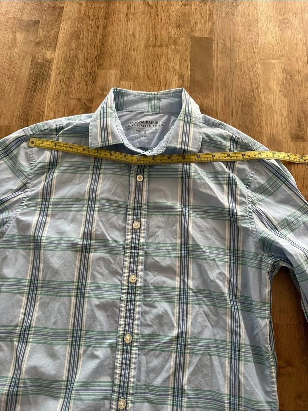Banana Republic Men’s Light Blue and Green Plaid Button-Down Shirt- small stain